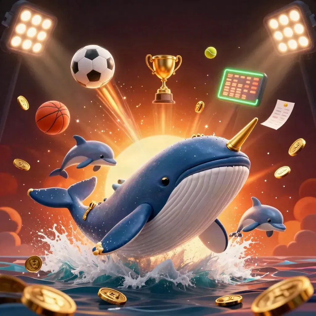 Cartoon whale, narwhal and dolphins burst through gold coins with sports balls and neon casino lighting.