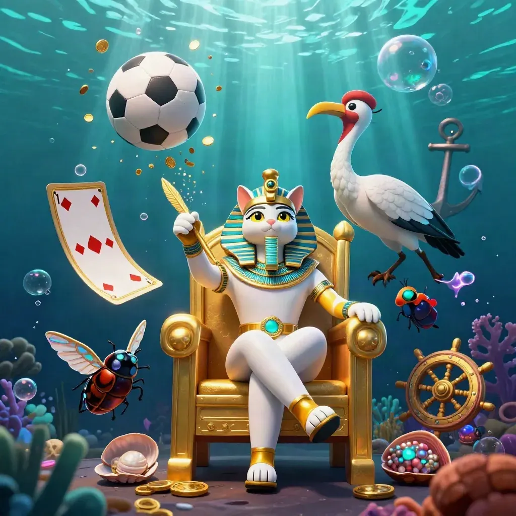 Pharaoh cat, ibis scribe, and scarabs amid underwater sports props and treasure