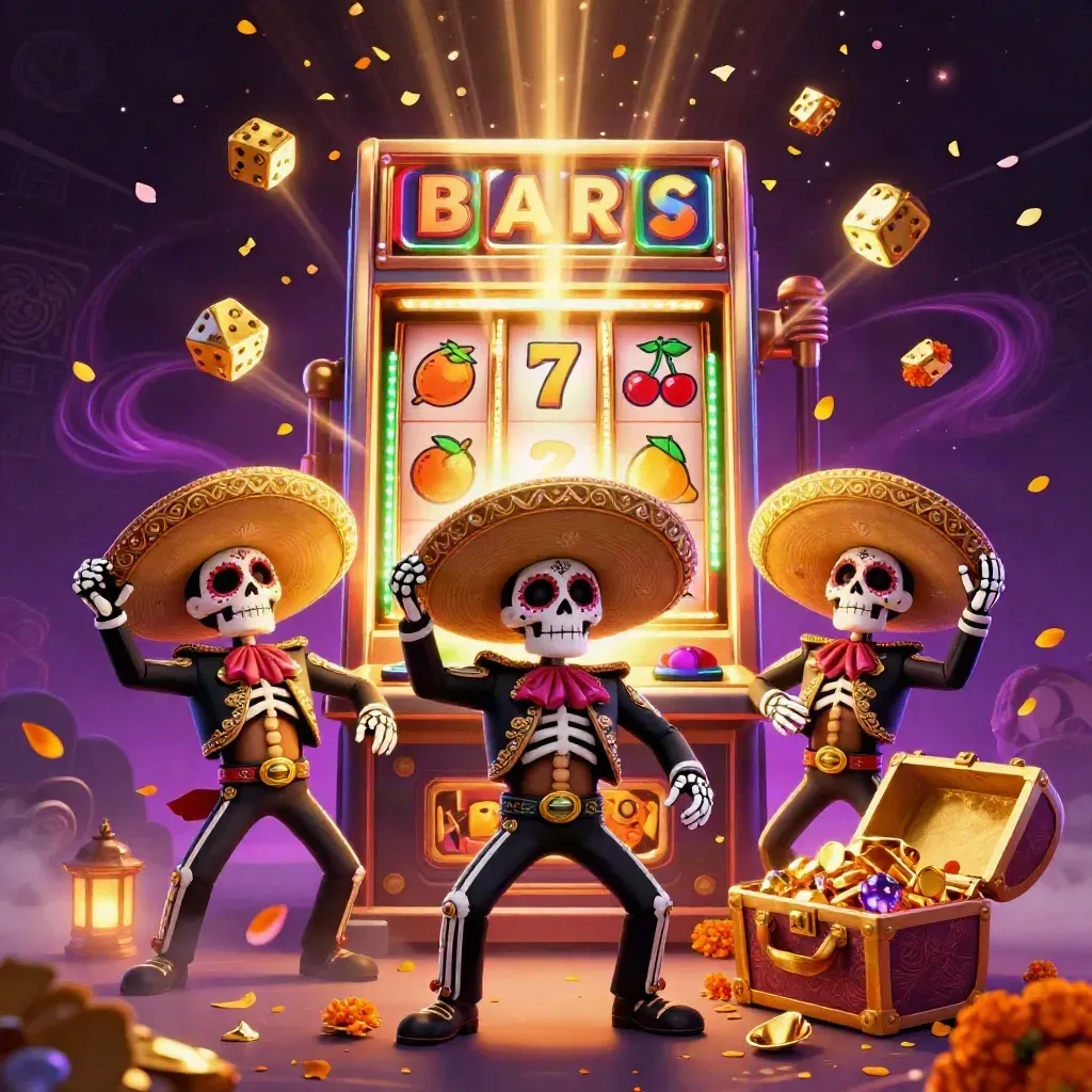 3 skeleton mariachi musicians amid exploding slot machine, gold, dice, petals, and neon magic