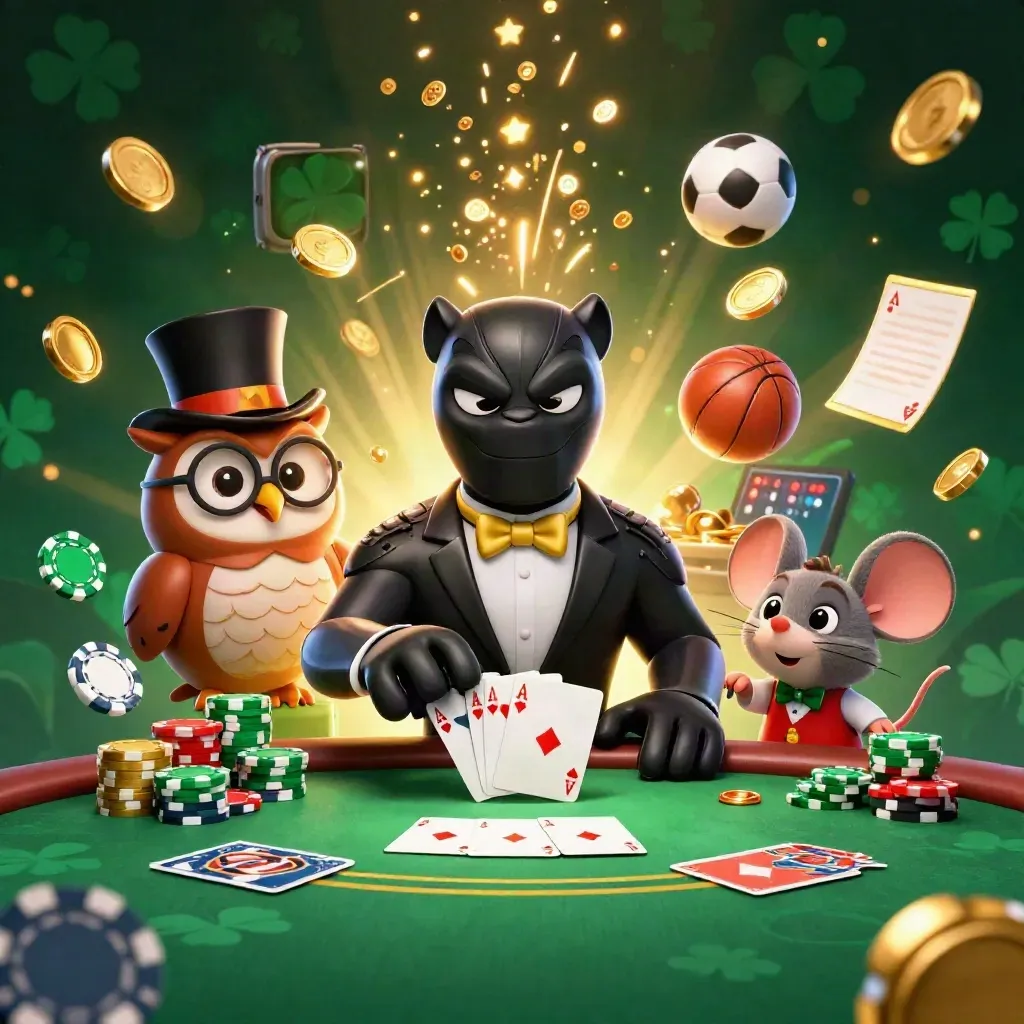 Panther, owl, and mouse amid chips, coins, fireworks, and casino icons.