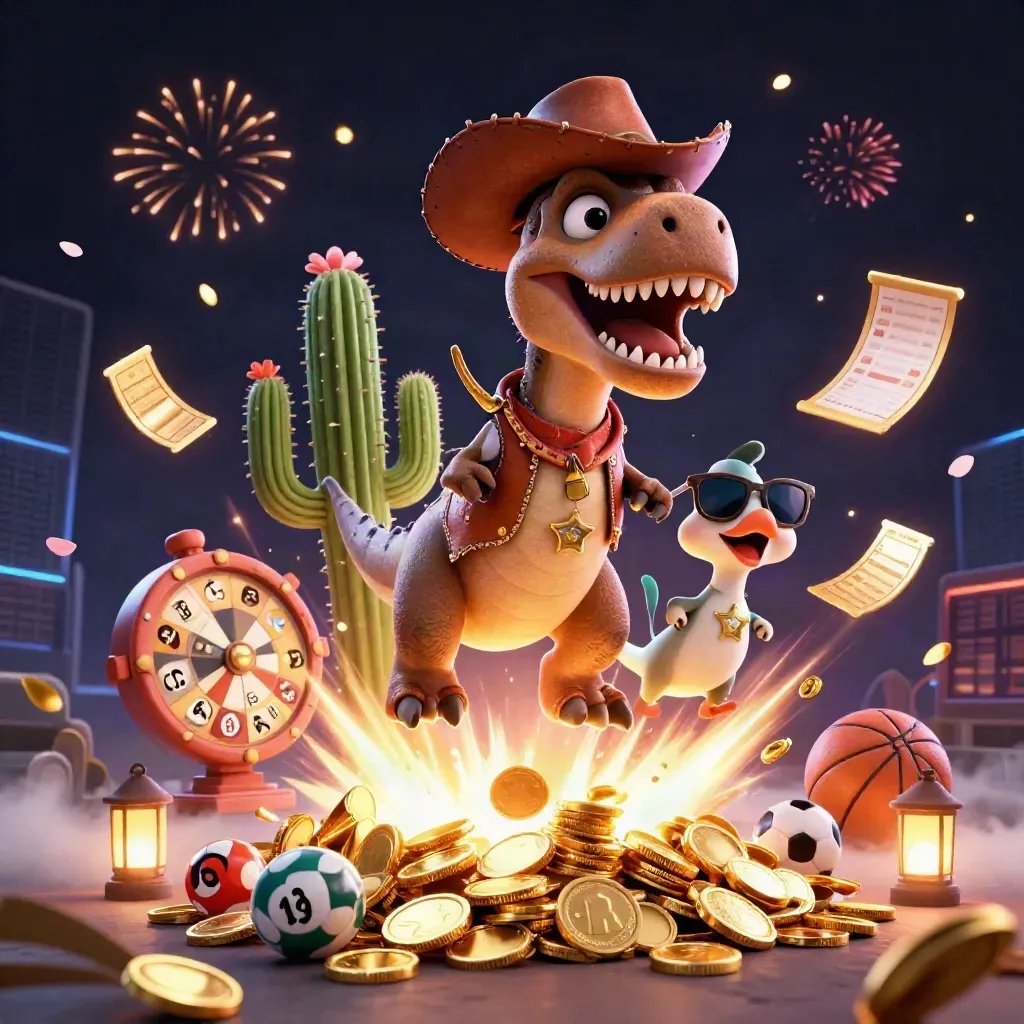 Cowboy T-Rex, cactus, and roadrunner burst from coins with neon casino fireworks.