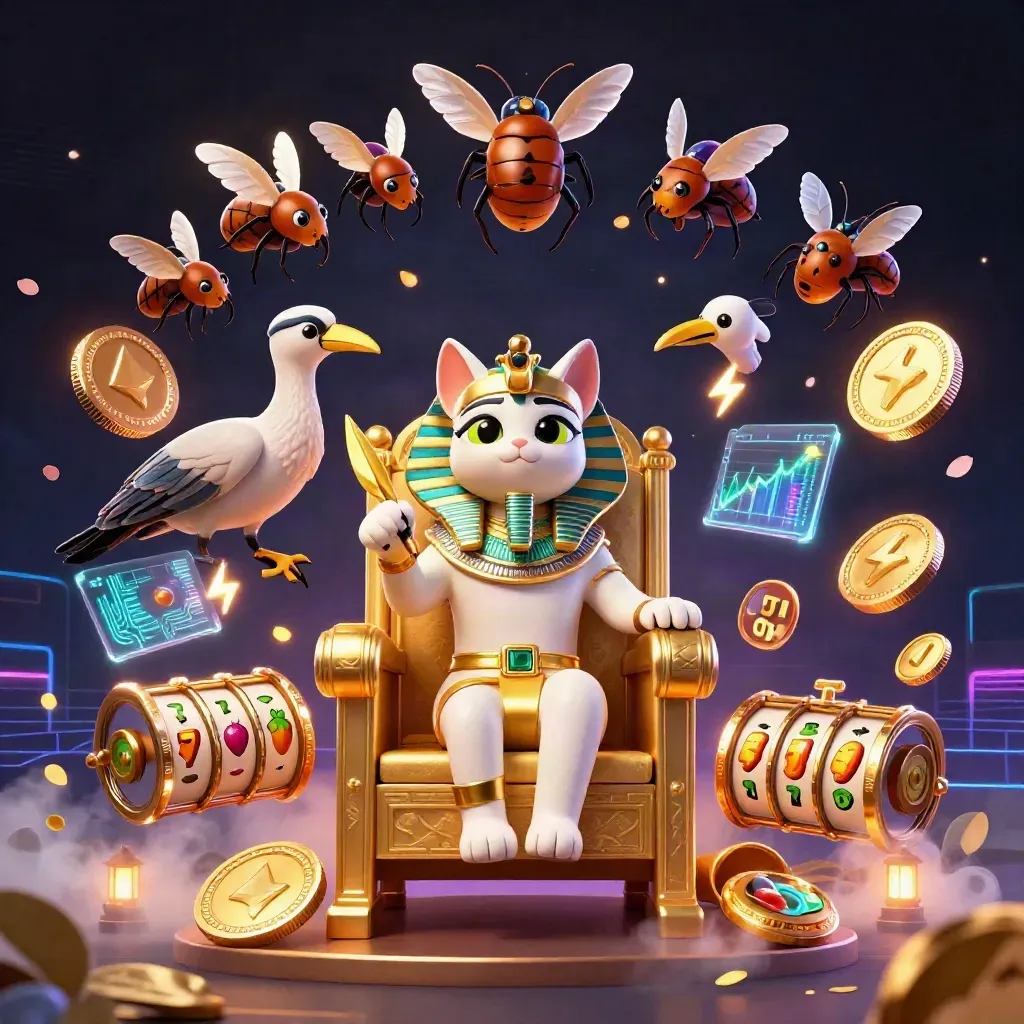Pharaoh cat, ibis scribe, scarabs, coins, neon effects, casino game key art