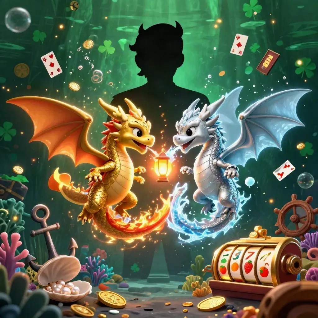 Gold and silver dragons swirl through a treasure cove with coins, reels, coral, and glowing particles.