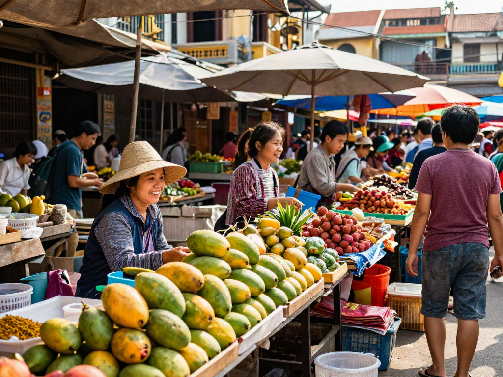 Experience https://joeyvisavietnam.com/ through a lively Vietnamese market filled with fresh fruits and local vendors.